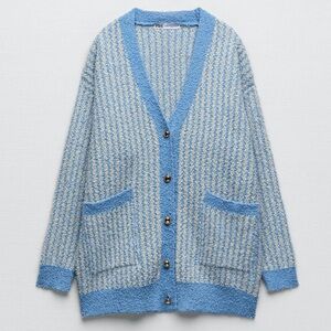 Zara Blue White Cardigan Sweater with Gold Buttons